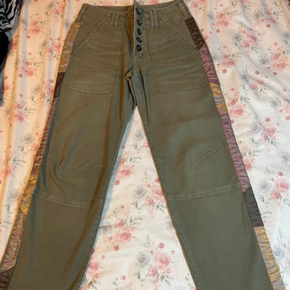 Anthropologie Women's Jeans Size 26 Olive Green Button Fly‎ Patchwork Boho Pants